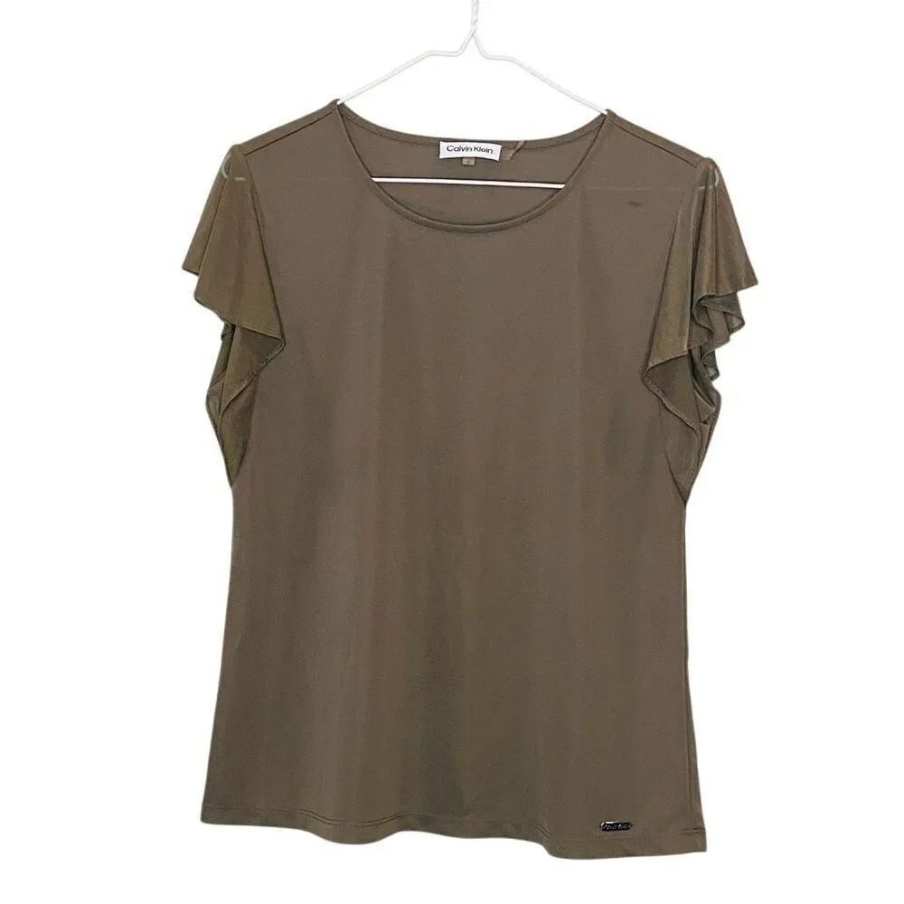 Calvin Klein Scoop Neck Sheer Short Flutter Sleeve Top Brown Small